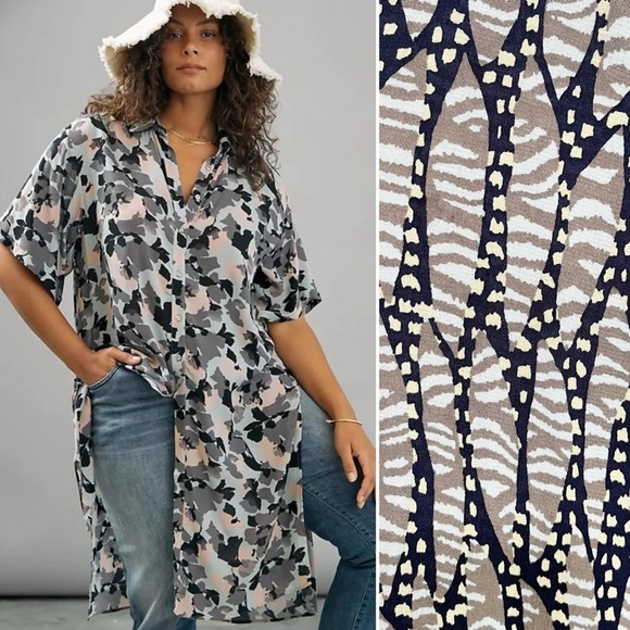BOGO! By Anthropologie Printed Button Front Tunic Blouse Blue Size Small